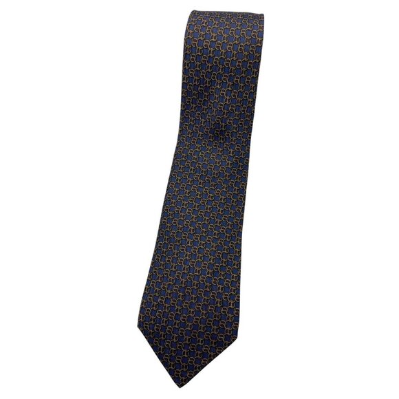 HERMÈS Men's 100% Silk Necktie LUXURY Tie 7299 EA Blue Chain W:3.2" EUC - Picture 1 of 5
